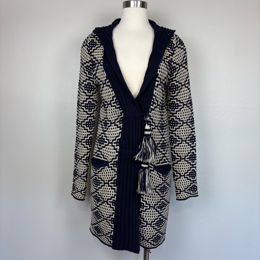 Anthropologie Fiets‎ Voor2 Hooded Cardigan Tasseled Jacquard Longline Sz M Blue